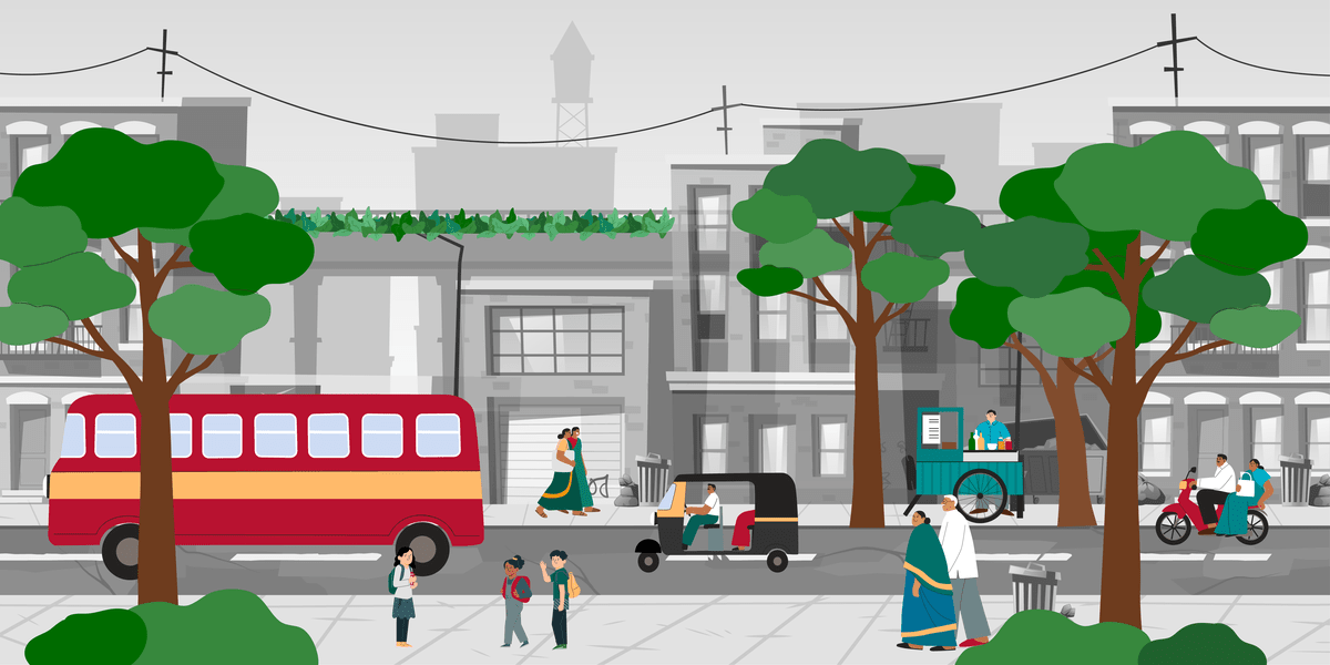 一幅城市场景的插图，上面有树木、公共汽车和人们的行走和旅行。