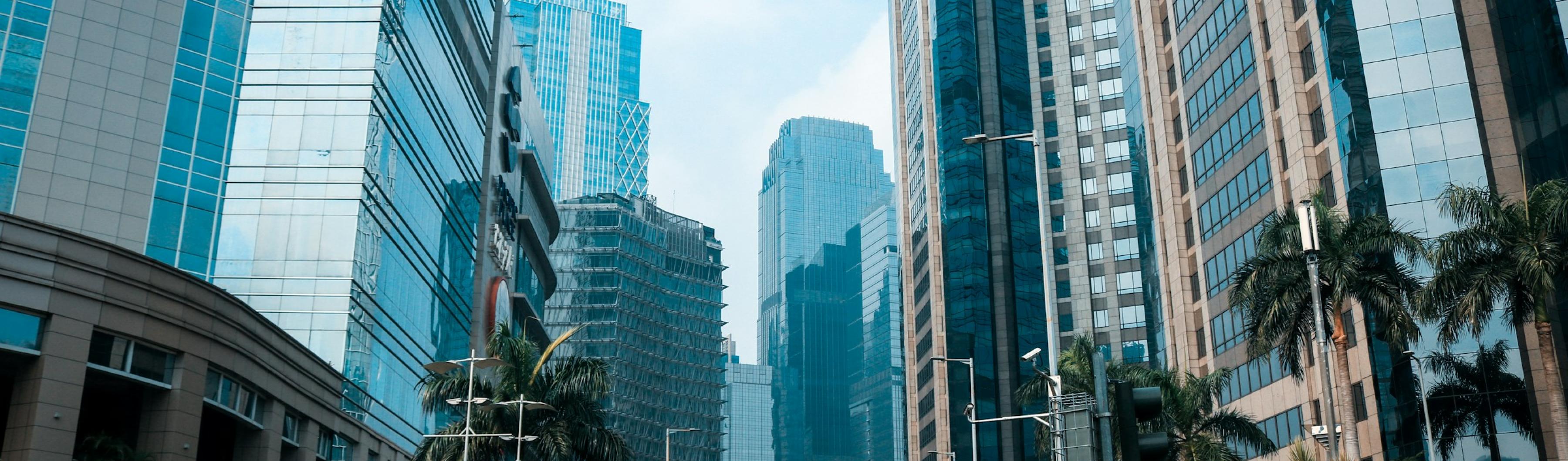 a view of jakarta; tall buildings line a major road, and palm trees are in the foreground.