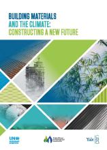 建筑材料与气候：构建新未来》报告的封面。以蓝色和绿色为主题，以建筑物和自然图像为特色的几何设计