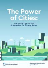 城市的力量》报告封面：利用低碳城市化促进气候行动》。封面是一幅以蓝色和绿色为主色调的城市天际线插图。